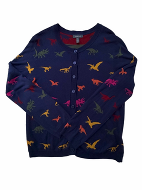 Modcloth Old Soul Classic Dino Cardigan Large Colorful Dinosaur Print EUC